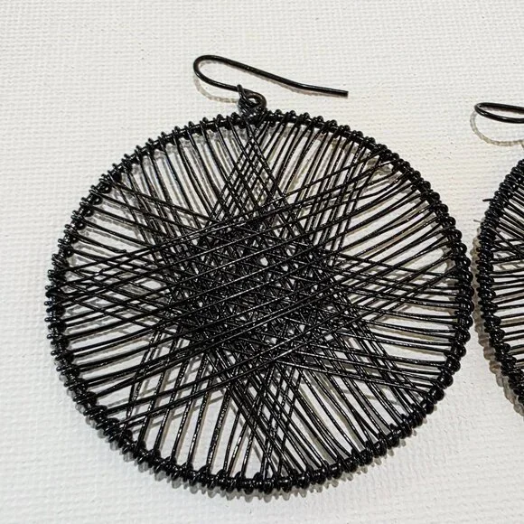 Black Round Woven Star Black Wire Dangle Hoop Pierced French Hook Earrings - Picture 6 of 9